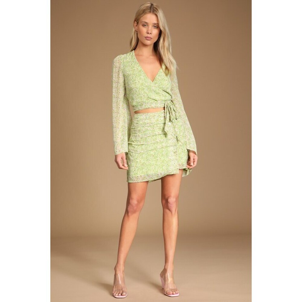 Lulus Sweet Spring Green Floral Print Pleated Button-front Mini Skirt - Size XS